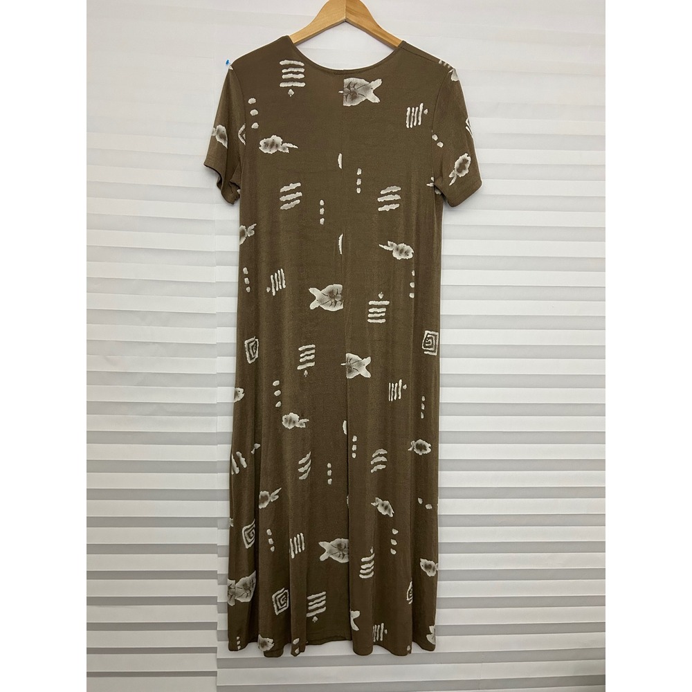 Jostar Vintage Brown Abstract Print Slinky Maxi Dress Womens L Short Sleeve USA - Picture 2 of 9